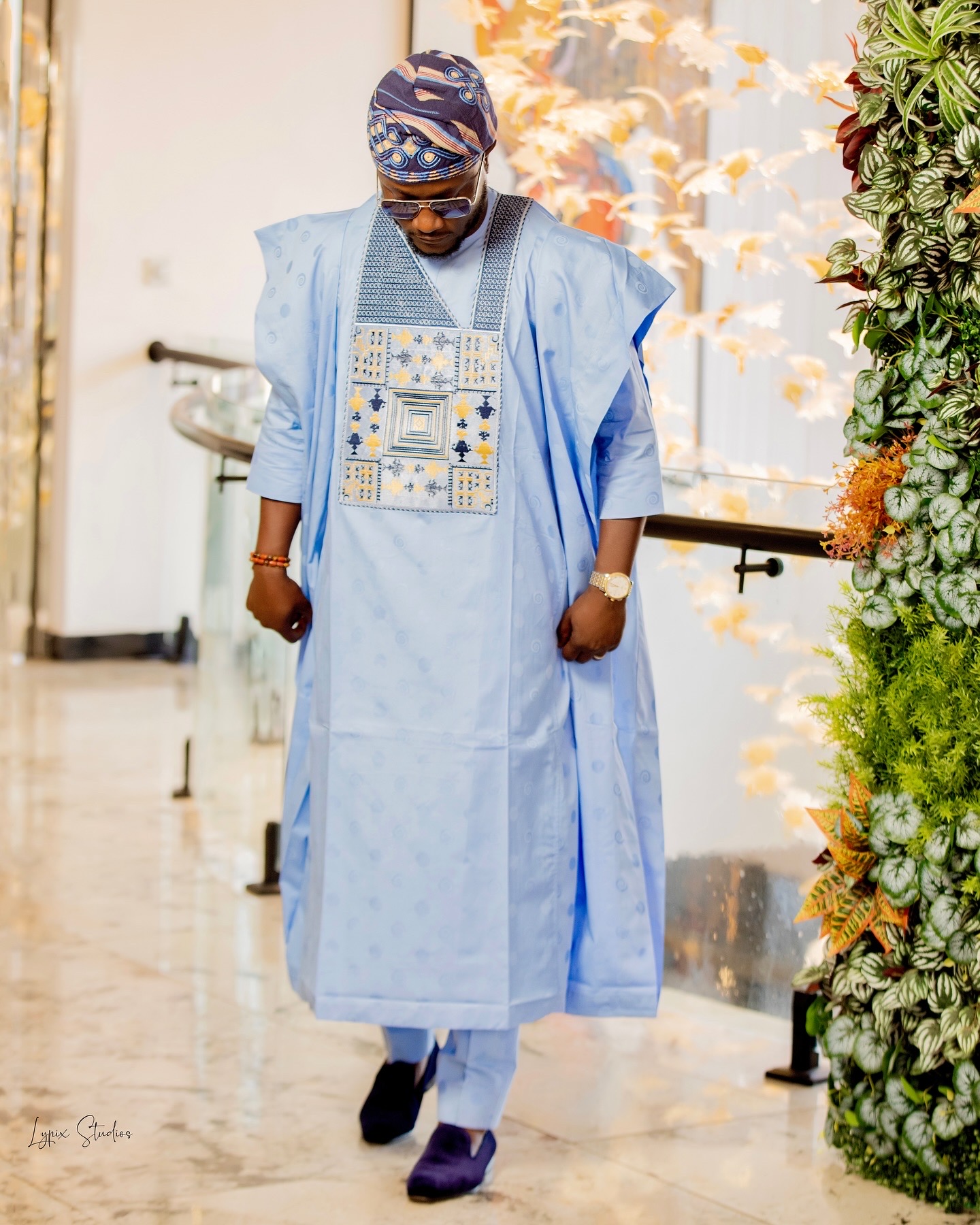 Sky Blue 3pc Atiku Swiss Voile Agbada - Image 3
